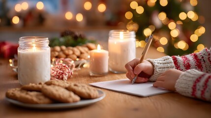 Cozy Christmas Eve scene featuring a child s hand penning a letter to Santa with milk and cookies laid out illuminated by warm candlelight and festive tree bokeh