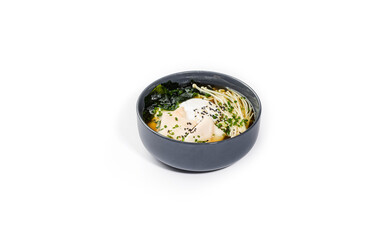 Gourmet Asian Noodle Soup with Chicken and Egg on White Background