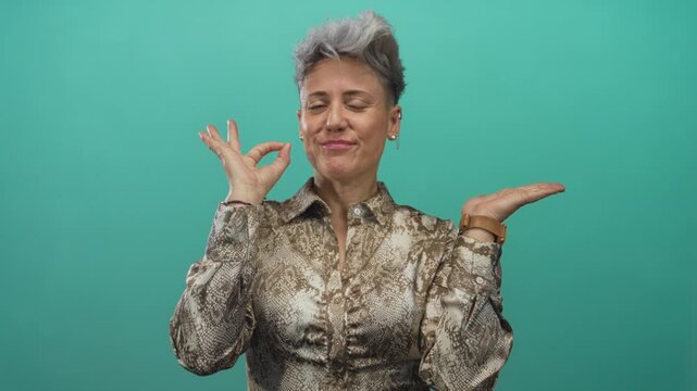 Woman with short grey hair wearing patterned blouse smiling and pointing finger to open hand in studio; approval.