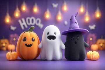 Obraz premium Three Cute Halloween Friends: Pumpkin, Ghost, and Witch in a Cozy Purple Scene with Lanterns