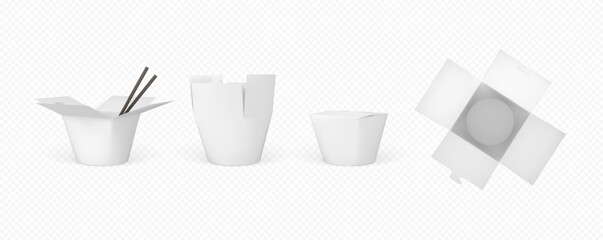 Obraz premium White cardboard takeout food boxes, open, closed, top and side views, with chopsticks.