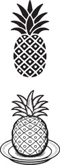 Fototapeta premium Black and white illustration of two pineapples, one whole and one on a plate