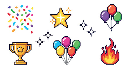 Collection of colorful pixel art icons including a trophy, star, balloons, confetti, and fire for a game or party theme,