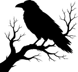 Naklejka premium raven sitting on a bare tree branch vector art
