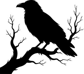 Naklejka premium raven sitting on a bare tree branch vector art
