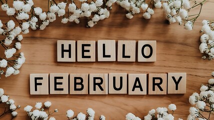 Hello february text spelled out with wooden letter tiles surrounded by delicate white flowers on a rustic wooden background celebrating the start of the second month of the year