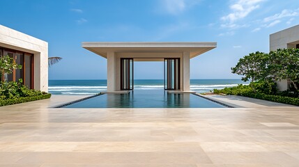 Serene ocean view from luxury villa with infinity pool under a clear blue sky day
