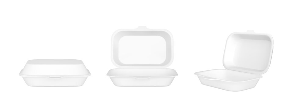 Takeaway container packages 3D vector mock up, realistic open and closed blank white foamed plastic lunch box, fast food