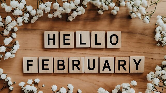 Hello february text spelled out with wooden letter tiles surrounded by delicate white flowers on a rustic wooden background celebrating the start of the second month of the year