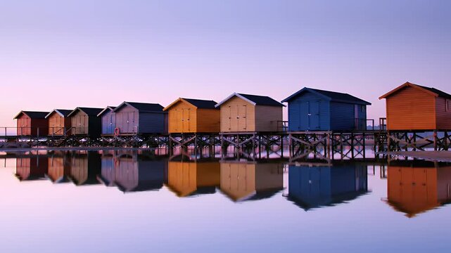 Row of colorful beach huts along tranquil water with mirrored reflections at dusk