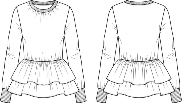 Fashion technical flat drawing vector illustration long sleeve sweater top women's clothing apparel design mockup peplum blouse tiered ruffle hem CAD template.