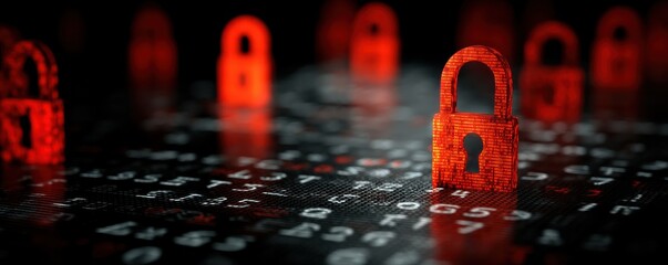Red digital padlocks on a dark keyboard create a powerful image of cybersecurity and protection