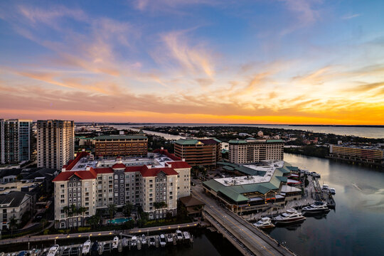 Elevated view of the Tampa Bay River Walk, in the evening. 