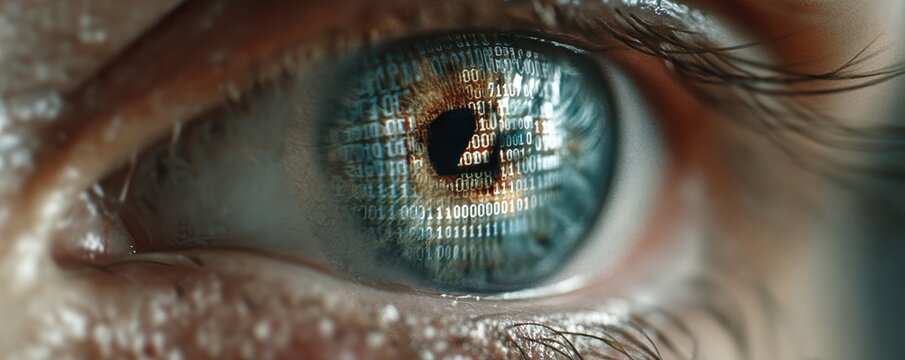 Close-up of an eye reflecting binary code, a digital data vision concept for technology and security