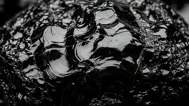 Detailed macro shot of shiny black obsidian stone surface displaying characteristic conchoidal fracture patterns.