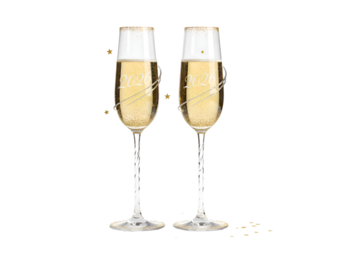 Champagne Flutes with Sparkling Wine & Confetti - Festive Celebration Toast on white background