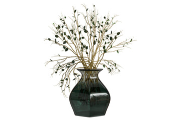 A glass vase holds a delicate arrangement of dry, twig-like branches with sparse, green leaves