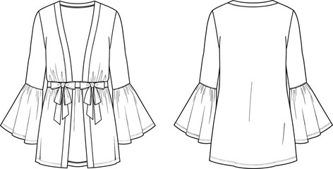 Fashion technical flat drawing vector illustration women's wrap top kimono jacket apparel design mockup bell sleeve tie waist open front elegant blouse CAD template.