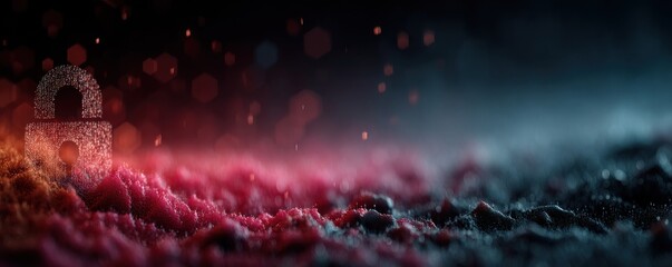Digital illustration of a glowing padlock icon amid red and blue bokeh lights signaling security