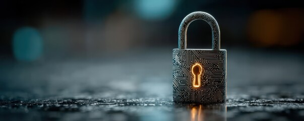 Digital circuit padlock with glowing keyhole on a dark textured surface, symbolizing cybersecurity and protection