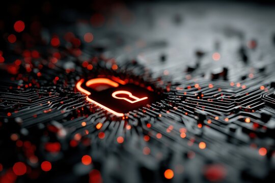 Red glowing padlock on a circuit board symbolizing cybersecurity and digital protection