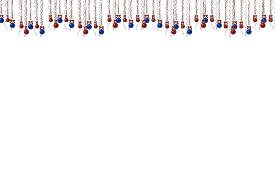 A repeating pattern of tiny red and blue balls hangs on slender metallic threads, creating a decorative fringe along the top edge of transparent background