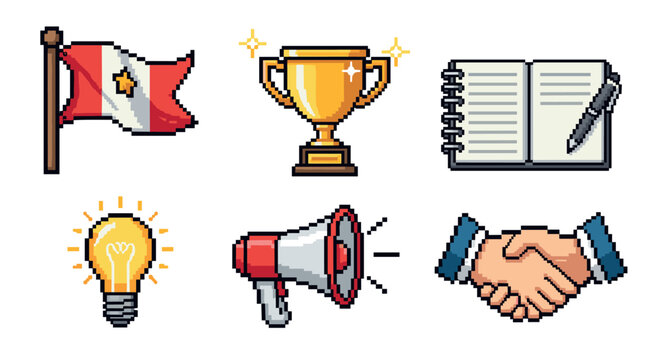 Pixel art business and achievement icon set with flag, trophy, notebook, lightbulb, megaphone, and handshake in a retro 8-bit video game style