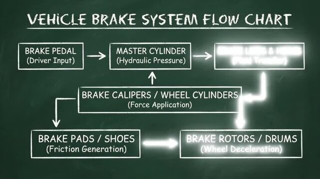 Chalkboard diagram explaining the complete working process of a vehicle brake system, showing the interaction between components like pedal, master cylinder, calipers, pads, and rotors