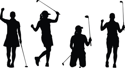 Female golf player vector silhouette set, showing various poses like putting, swinging, and celebrating, ideal for sports graphics, fitness advertising, or competitive golf banners.
