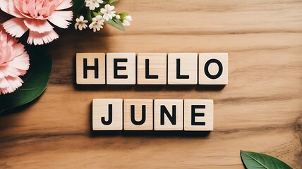 Wooden letter tiles spelling out hello june with soft pink flowers and green leaves on a rustic wooden background a warm and inviting welcome to the summer month