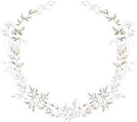 Watercolor wreath with wild branches, grass, plants. Floral frame, botanical wedding invitation. Ethereal leaves and branches. Pressed, dried bouquet