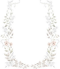 Watercolor wreath with wild branches, grass, plants. Floral frame, botanical wedding invitation. Ethereal leaves and branches. Pressed, dried bouquet