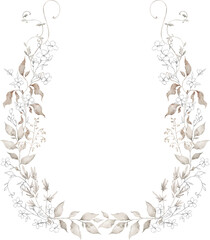 Watercolor wreath with wild branches, grass, plants. Floral frame, botanical wedding invitation. Ethereal leaves and branches. Pressed, dried bouquet