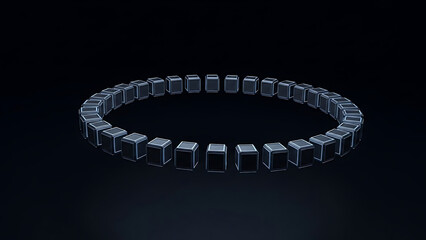Abstract futuristic 3D ring of connected dark cubic blocks forming a digital data network on a black background.