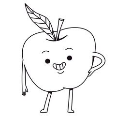 Minimalist line art illustration of confident apple character posing with hand on hip and smiling isolated on white background simple drawing suitable for coloring book page