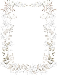 Watercolor wreath with wild branches, grass, plants. Floral frame, botanical wedding invitation. Ethereal leaves and branches. Pressed, dried bouquet