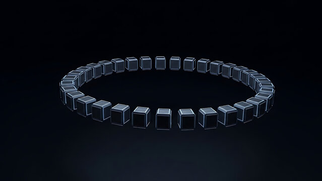 Abstract futuristic 3D ring of connected dark cubic blocks forming a digital data network on a black background.