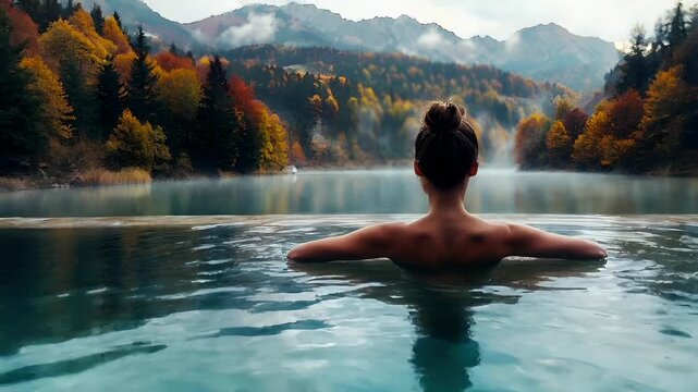 Hot spring vacation relaxation. A woman with a bun hairstyle sits at the edge of a serene body of water, her back to the viewer.