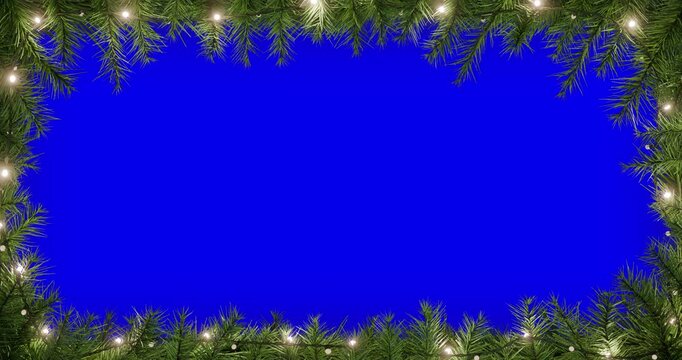 Christmas Looped Holiday Frame with Pine Branches and String Lights &ndash; Horizontal Blue Screen Background for Easy Replacement &ndash; Festive Xmas Template