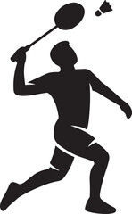 Bold vector silhouette of a badminton player performing a smash, ideal for sports icons and design.