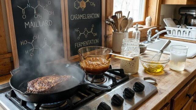 Steak cooking in a cast iron pan while explaining the maillard reaction, caramelization, and fermentation on chalkboards, demonstrating the scientific principles behind culinary processes