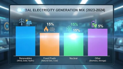 Global electricity generation mix 2023–2024 forecast shown on control room screens as bar chart, highlighting renewables leading, with fossil fuels, nuclear and storage trends
