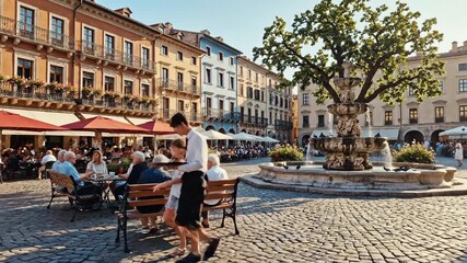 Outdoor cafe patrons enjoy beverages in a sunlit european town square with a waiter serving