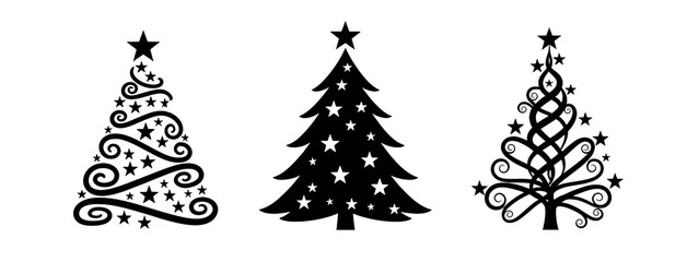 stylized black christmas trees with spiral and star designs christmas black silhouette clipart set. black Christmas tree drawing clip art collection in white background for xmas season pine tree flat