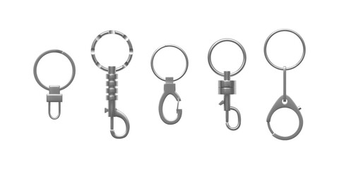 Naklejka premium Realistic set of metal carabiners with ring, lobster clasps in various shapes vector set, silver carabiner for keychain