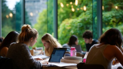 Students studying together in a bright space with green views on a sunny day