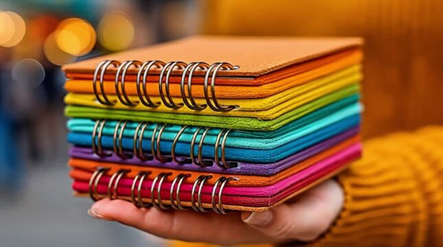 Hand holding a stack of rainbow spiral notebooks stationery supplies