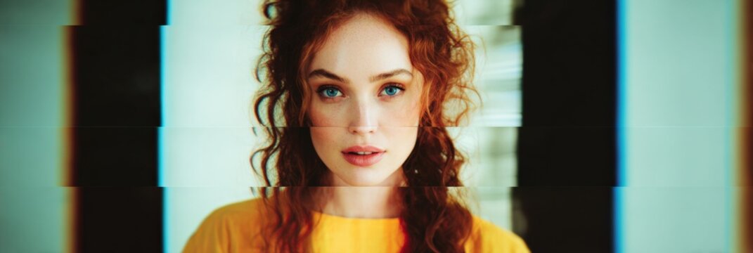 Young caucasian female with red hair and blue eyes in yellow top