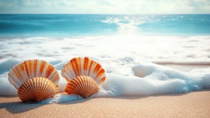 Video Two seashells sit on the sandy beach, perfect for a coastal themed 