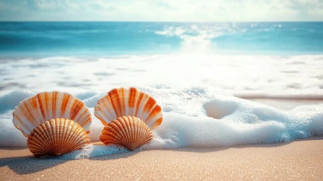 Video Two seashells sit on the sandy beach, perfect for a coastal themed 